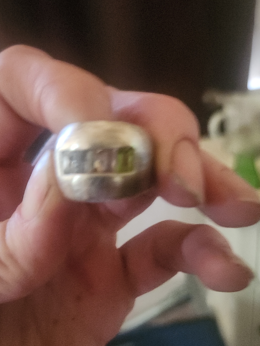 Wide Silver Band Ring with Green And Pink And White Accents